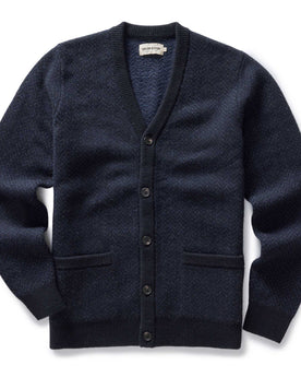 flatlay of The Eddy Cardigan in Heather Marine Herringbone, Knits by Taylor Stitch