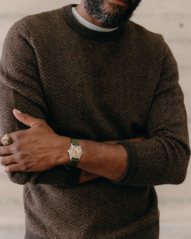 fit model showing off The Eddy Crew in Coffee Herringbone, Knits by Taylor Stitch