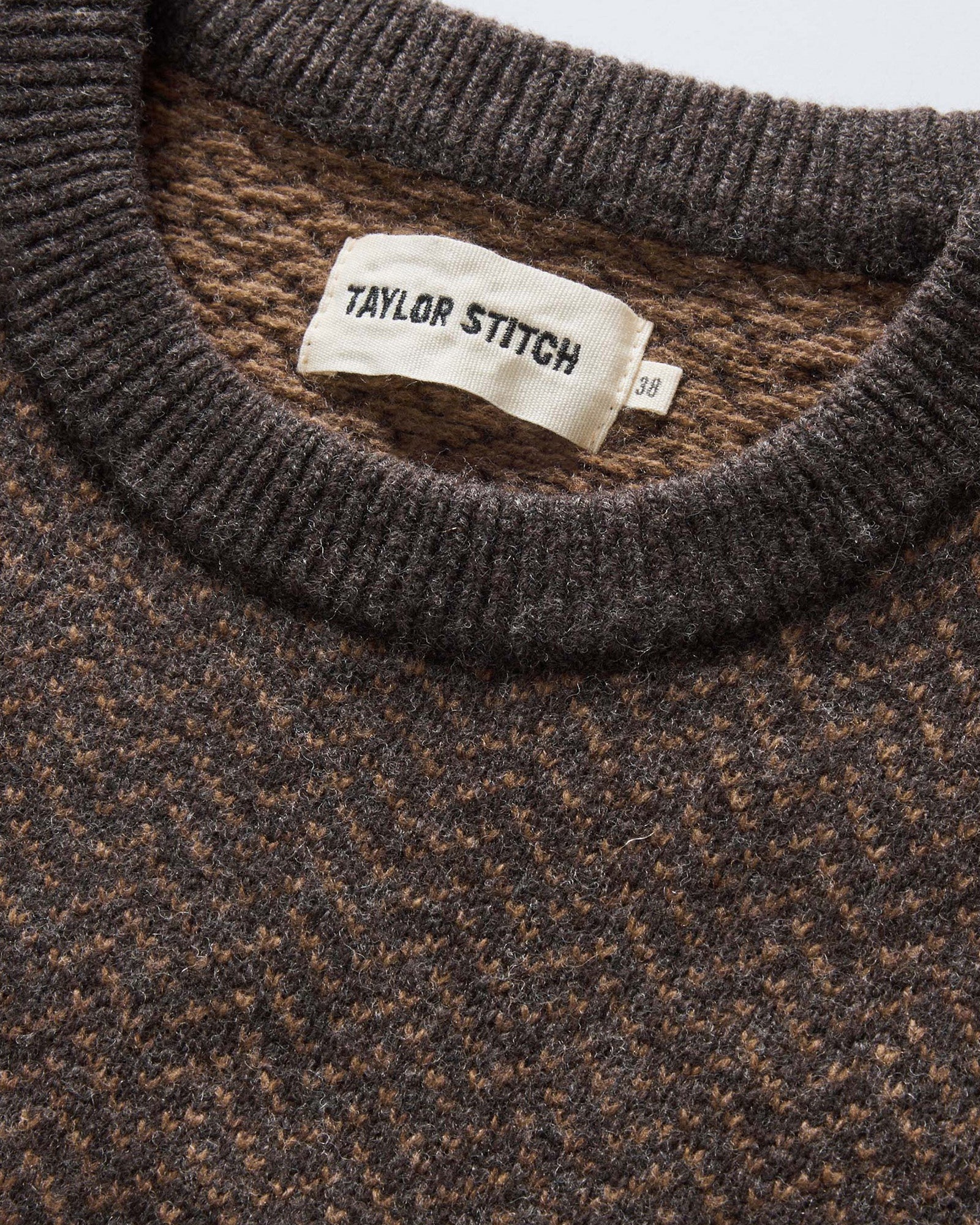 material shot of the collar on The Eddy Crew in Coffee Herringbone, Knits by Taylor Stitch