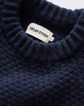 material shot of the collar on The Fisherman Sweater in Dark Navy Merino, Knits by Taylor Stitch