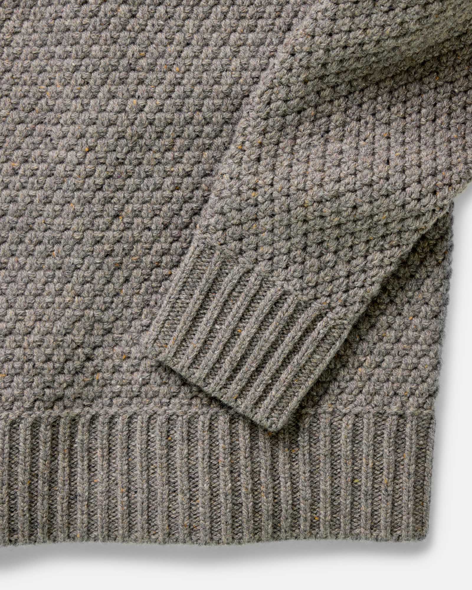 material shot of the collar on The Fisherman Sweater in Taupe Merino, Knits by Taylor Stitch
