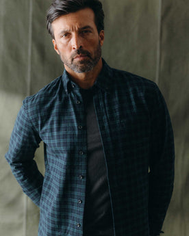 fit model posing in The Jack in Blackwatch Plaid, Wovens by Taylor Stitch