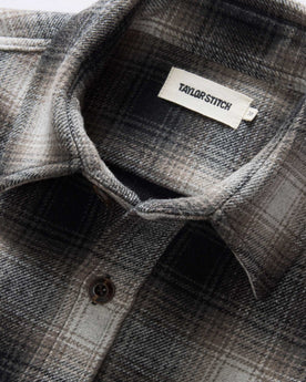material shot of the collar on The Maritime Shirt Jacket in Olive Plaid, Wovens by Taylor Stitch