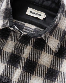 material shot of the collar on The Moto Utility Shirt in White Smoke Plaid, Wovens by Taylor Stitch