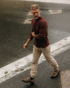 fit model showing off The Organic Cotton Waffle Crew in Burgundy, Knits by Taylor Stitch