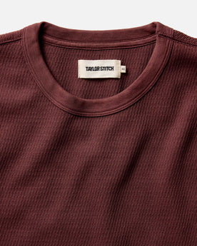 fit model walking wearing The Organic Cotton Waffle Crew in Burgundy, Knits by Taylor Stitch