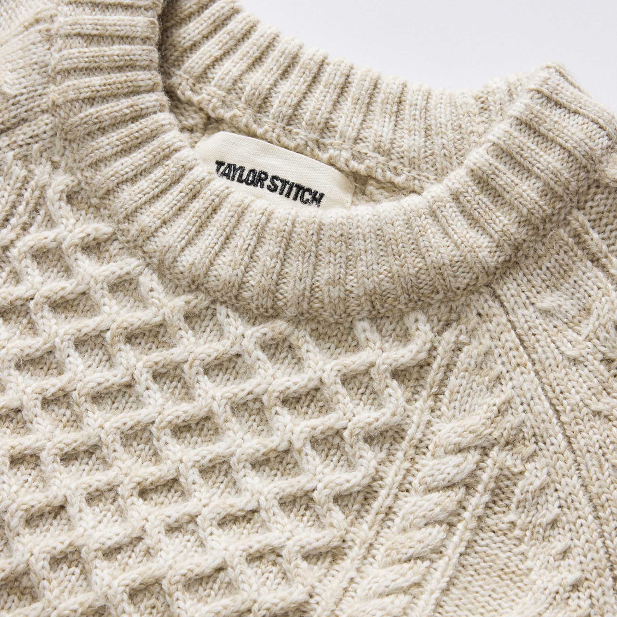 material shot of the collar on The Orr Sweater in Marled Oat Merino, Knits by Taylor Stitch
