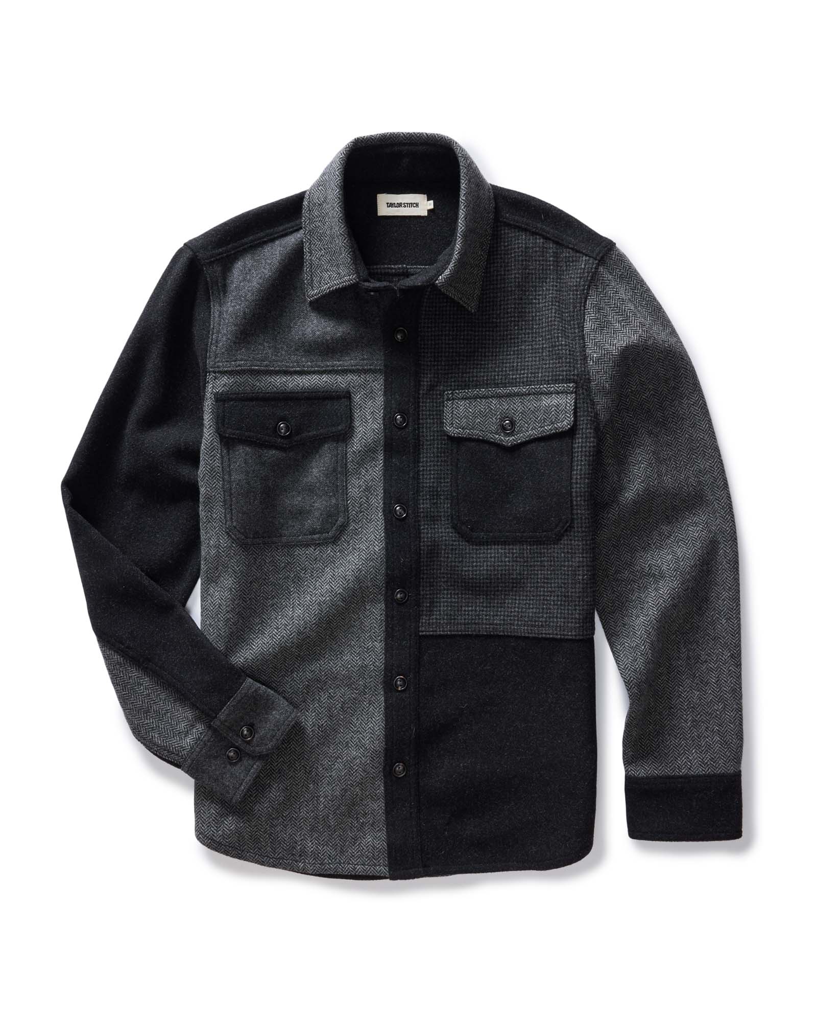flatlay of The Patchwork Overshirt in Ash Tweed, Outerwear by Taylor Stitch