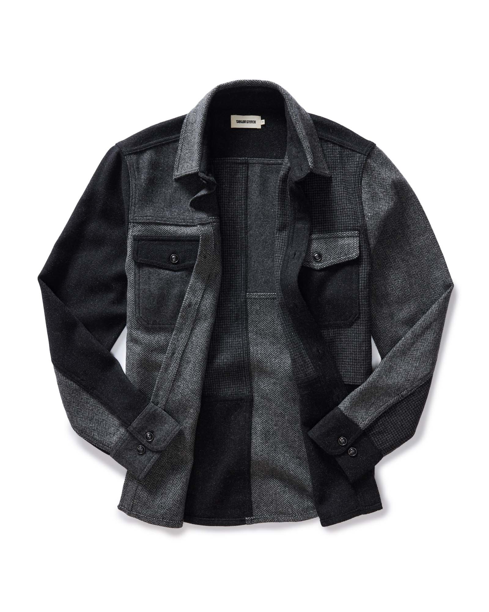 flatlay of The Patchwork Overshirt in Ash Tweed open, Outerwear by Taylor Stitch
