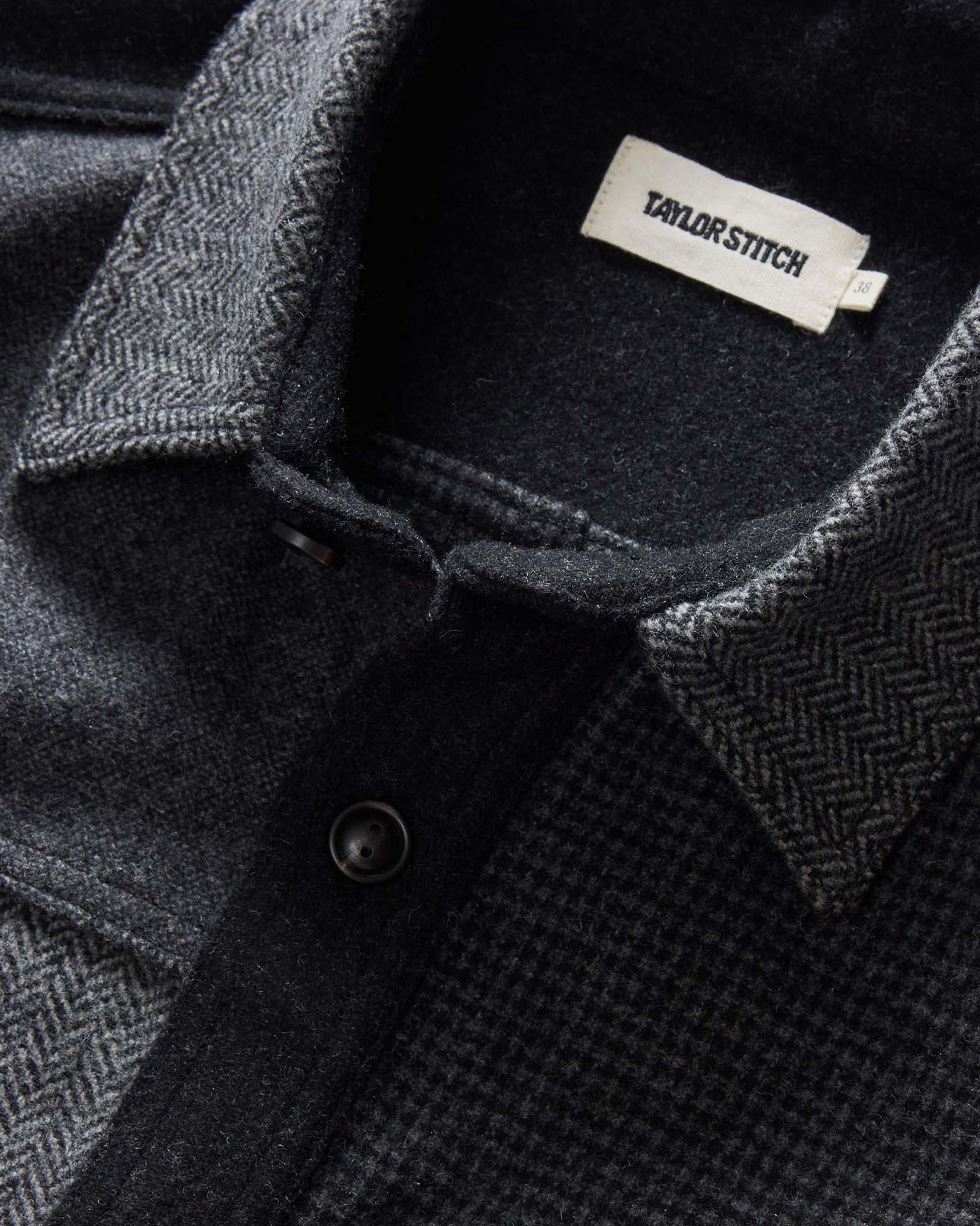 material shot of the collar on The Patchwork Overshirt in Ash Tweed, Outerwear by Taylor Stitch