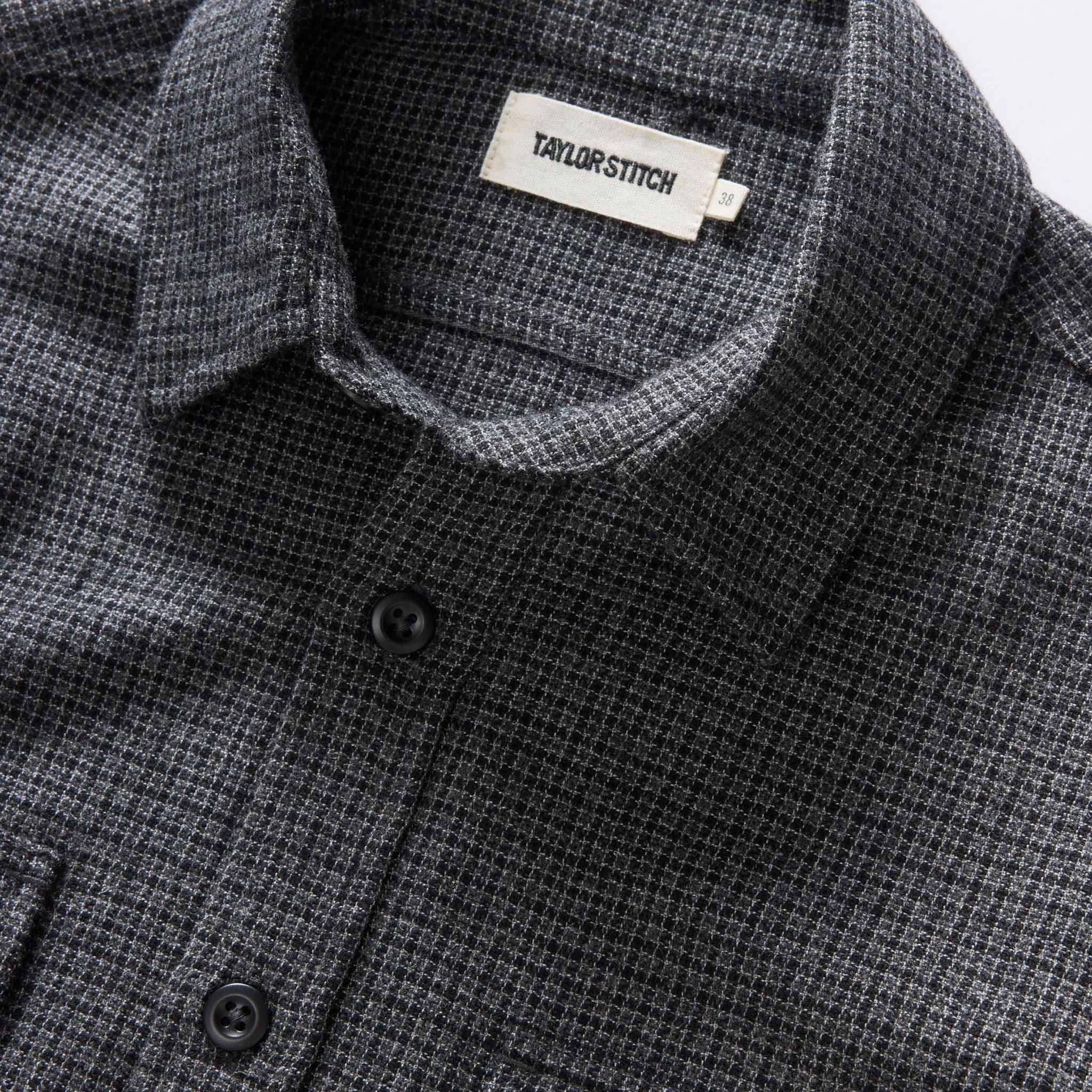 material shot of the collar on The Saddler Shirt in Ash Check Wool, Wovens by Taylor Stitch