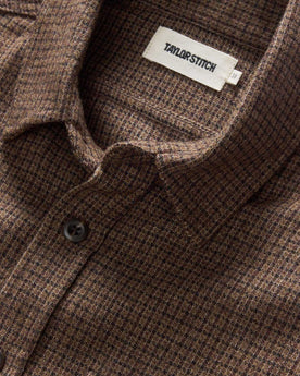 material shot of the collar on The Saddler Shirt in Burnt Caramel Check Wool, Wovens by Taylor Stitch