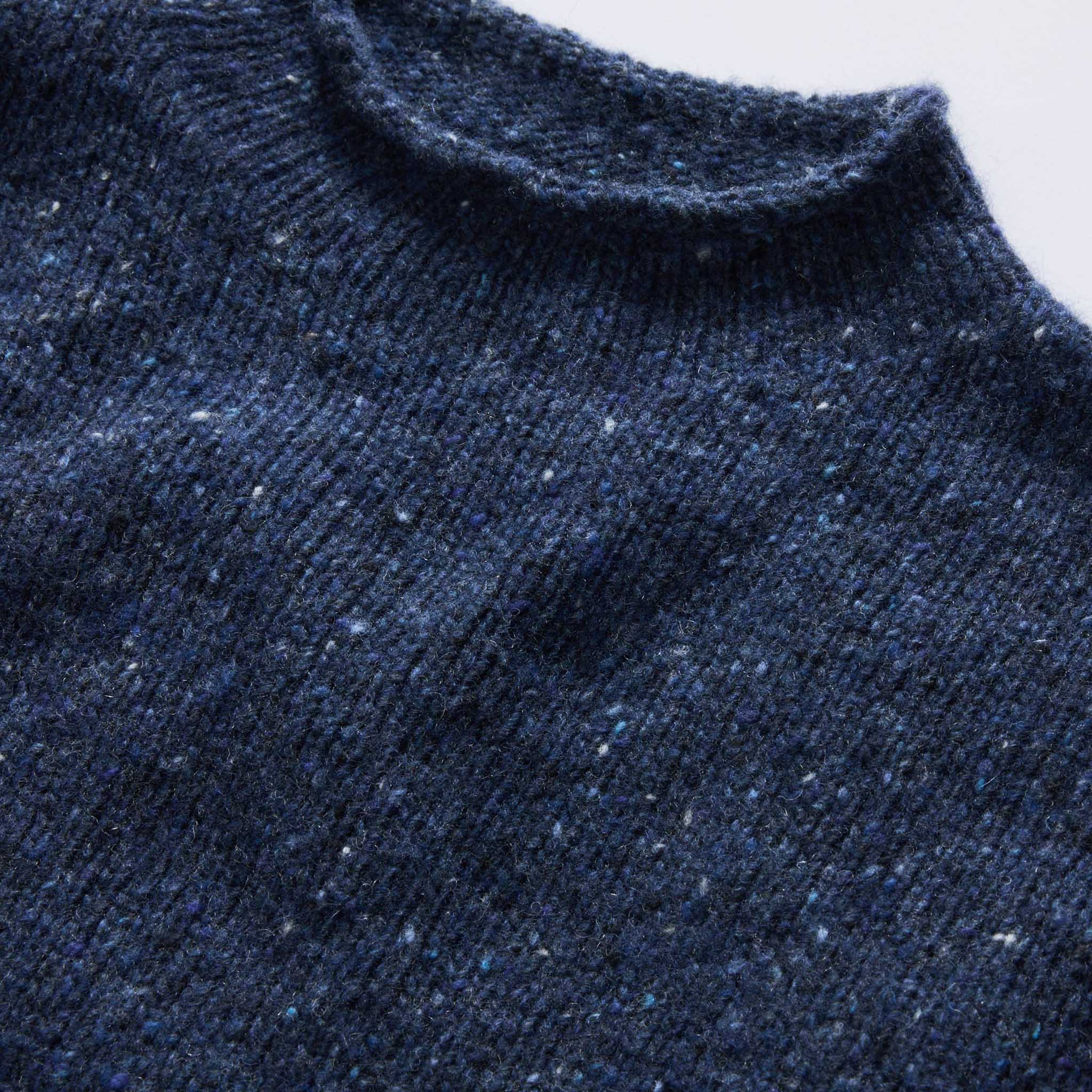 material shot of the collar on The Seafarer Sweater in Atlantic Blue Donegal, Knits by Taylor Stitch