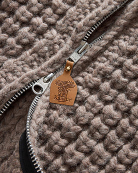 material shot of the zipper on The Seawall Hand-Knit Sweater in Heather Sable, Knits by Taylor Stitch