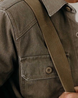 fit model showing off the shoulder on The Shop Shirt in Stone Chipped Canvas, Wovens by Taylor Stitch