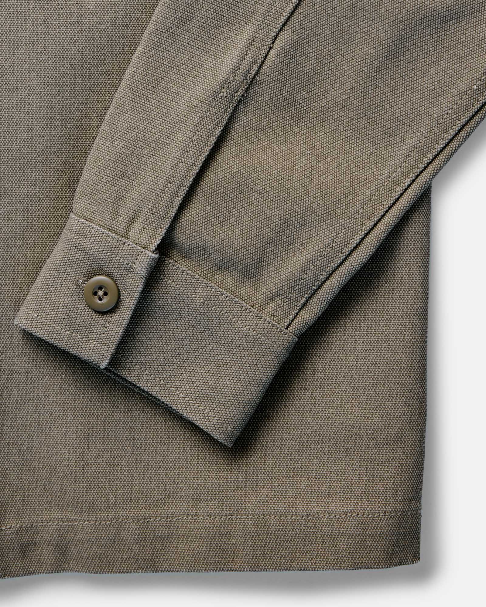 material shot of the collar on The Shop Shirt in Stone Chipped Canvas, Wovens by Taylor Stitch