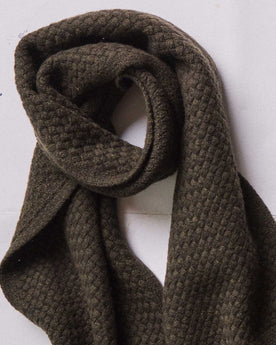editorial flatlay of The Textured Knit Scarf in Heather Loden Merino, Accessories by Taylor Stitch