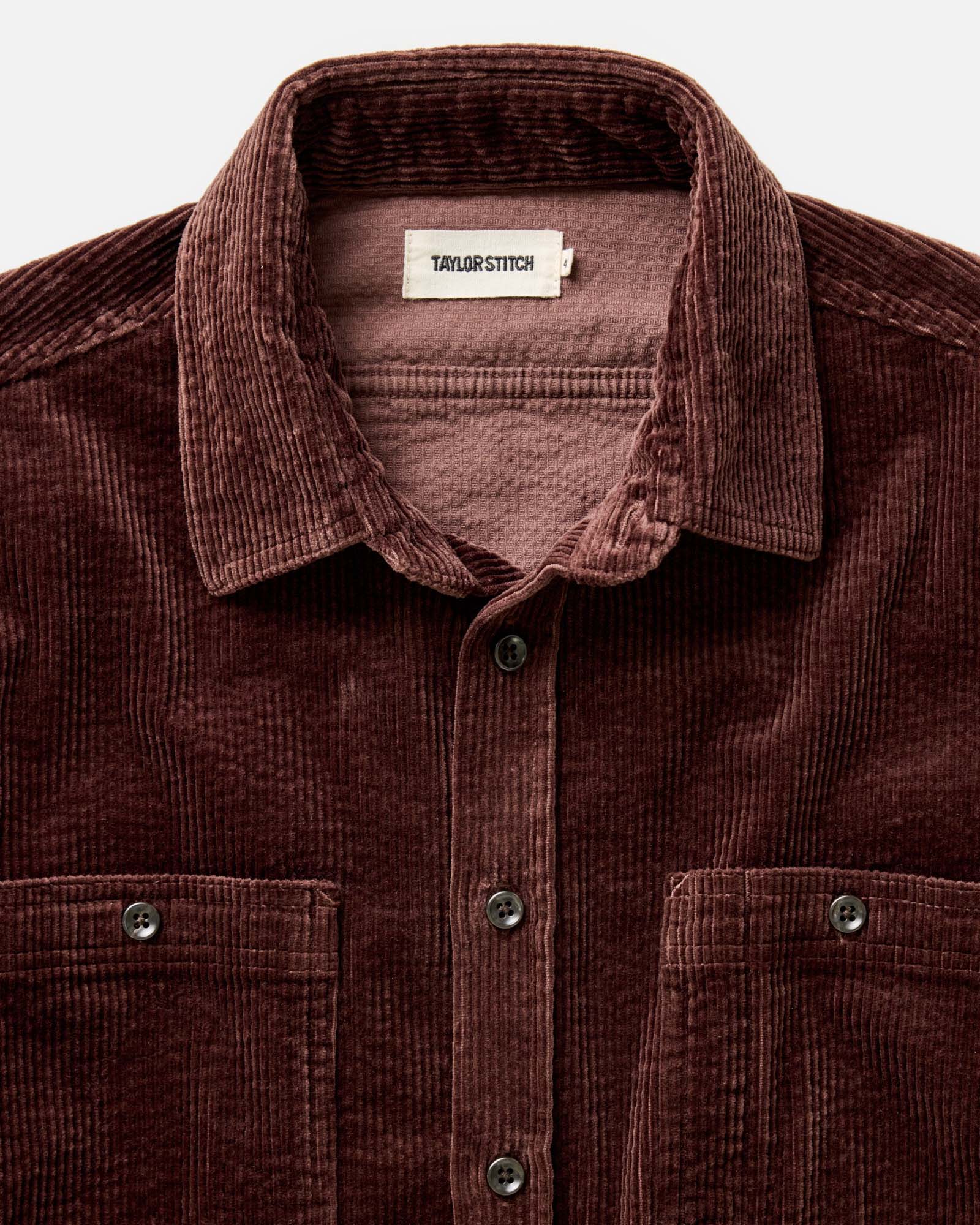 material shot of the collar on The Utility Shirt in Burgundy Corduroy, Wovens by Taylor Stitch