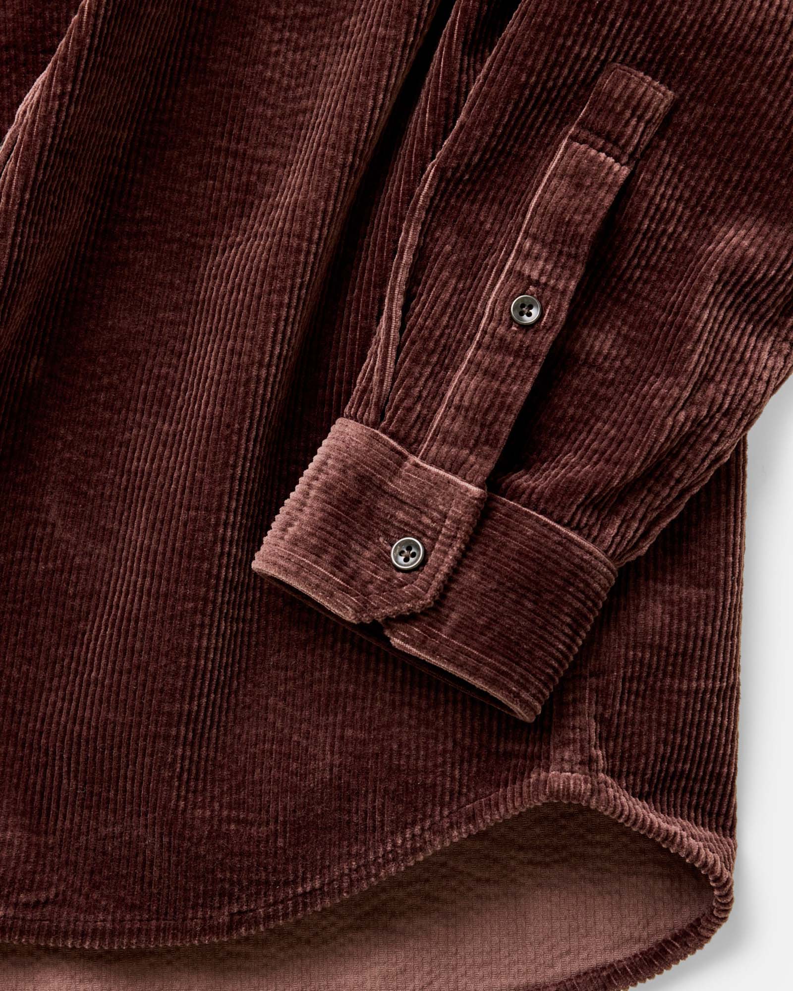 material shot of the buttons on The Utility Shirt in Burgundy Corduroy, Wovens by Taylor Stitch