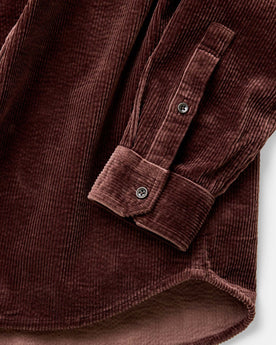 material shot of the buttons on The Utility Shirt in Burgundy Corduroy, Wovens by Taylor Stitch