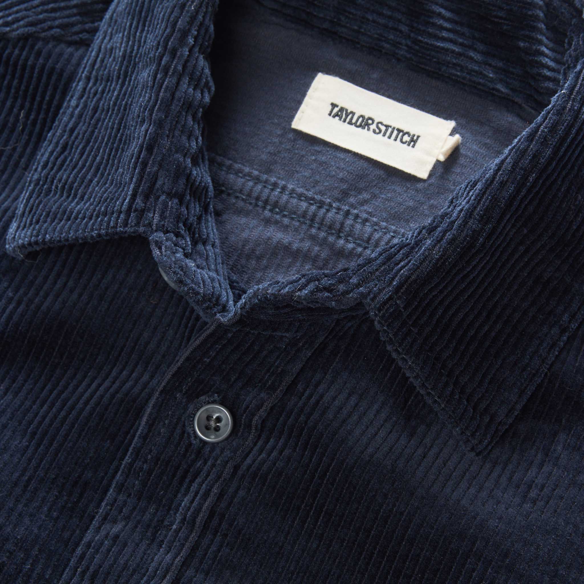 material shot of the collar on The Utility Shirt in Dark Navy Corduroy, Wovens by Taylor Stitch