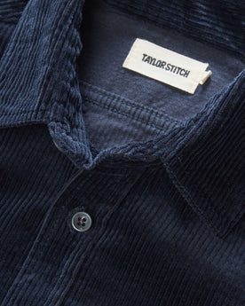 material shot of the collar on The Utility Shirt in Dark Navy Corduroy, Wovens by Taylor Stitch