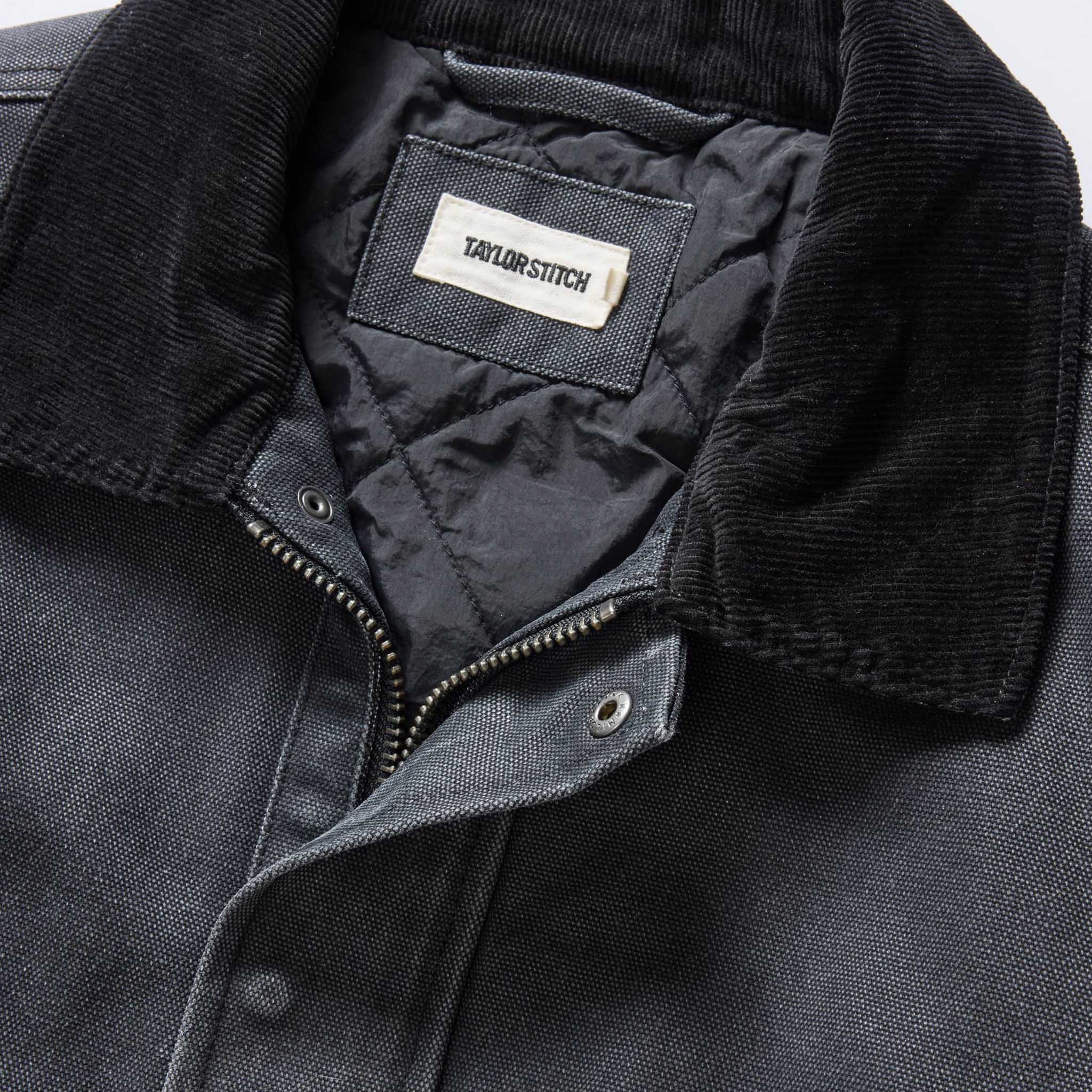 material shot of the collar on The Workhorse Jacket in Coal Chipped Canvas, Outerwear by Taylor Stitch
