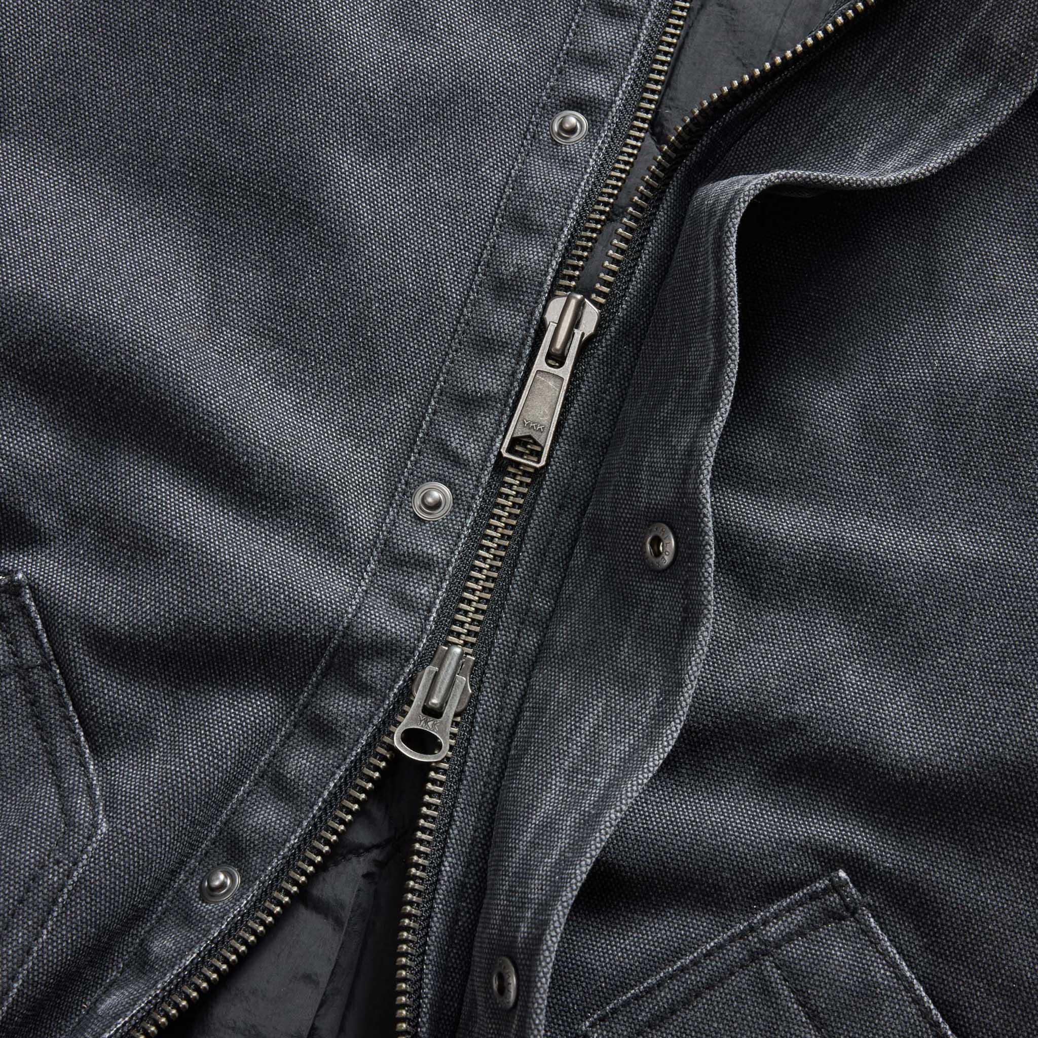 material shot of the zipper on The Workhorse Jacket in Coal Chipped Canvas, Outerwear by Taylor Stitch