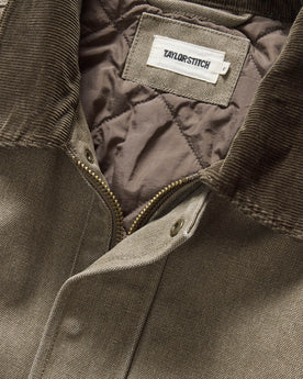 material shot of the collar on The Workhorse Jacket in Stone Chipped Canvas, Outerwear by Taylor Stitch