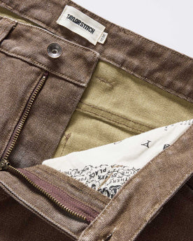 material shot of the zipper on The Workhorse Pant in Aged Penny Chipped Canvas, Bottoms by Taylor Stitch
