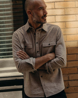 fit model with his arms crossed wearing The Yosemite Shirt in Oat Donegal, Wovens by Taylor Stitch