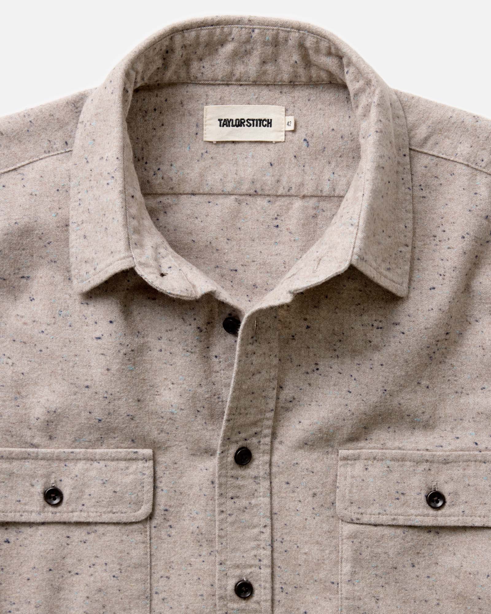 material shot of the collar on The Yosemite Shirt in Oat Donegal, Wovens by Taylor Stitch
