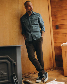fit model showing off cuffs on The Yosemite Shirt in Slate, Wovens by Taylor Stitch