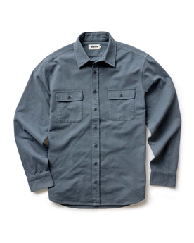 fit model showing off the back of The Yosemite Shirt in Slate, Wovens by Taylor Stitch