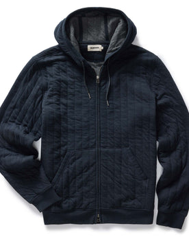 flatlay of The Apres Zip Hoodie in Heather Midnight Quilt, Knits by Taylor Stitch