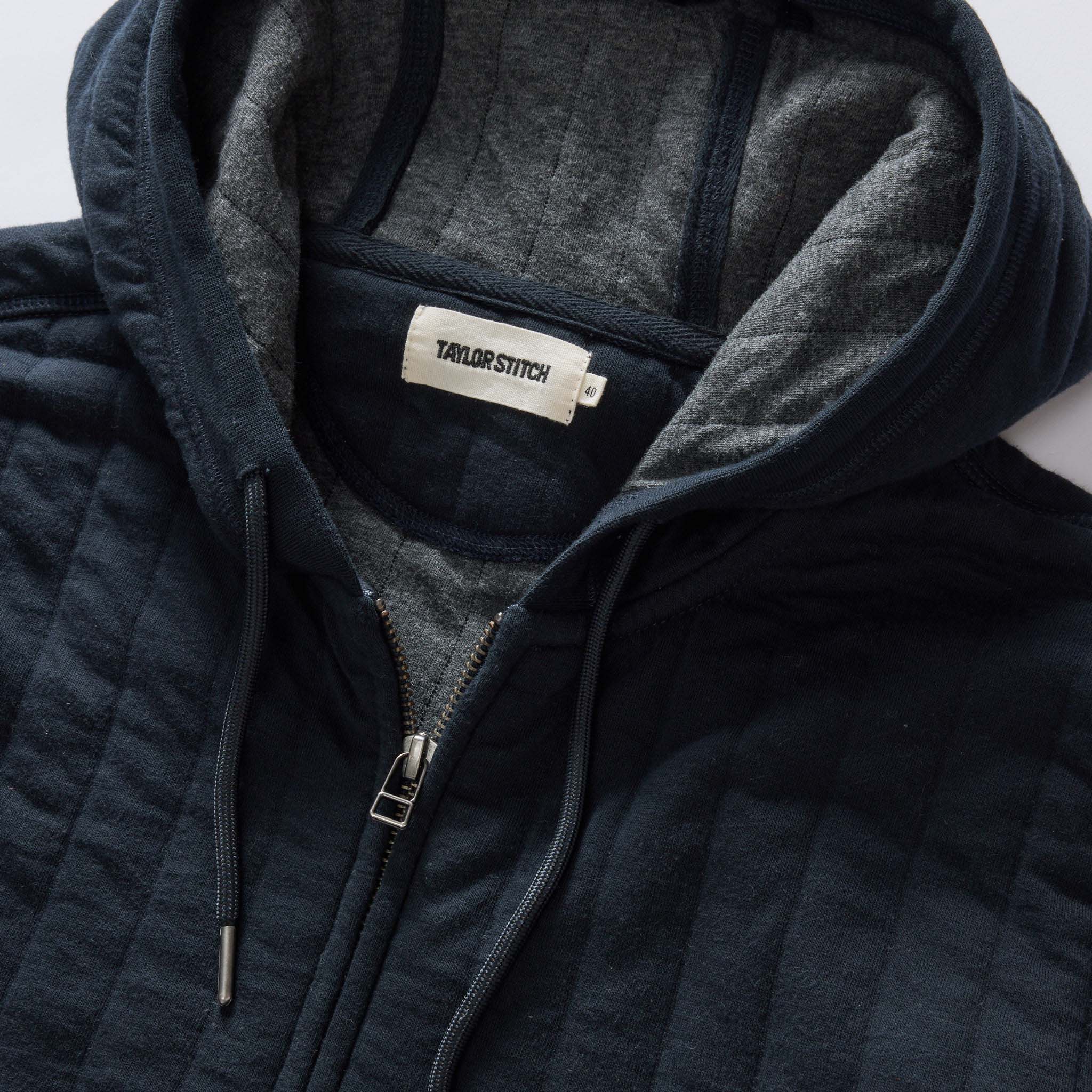 material shot of the hood on The Apres Zip Hoodie in Heather Midnight Quilt, Knits by Taylor Stitch