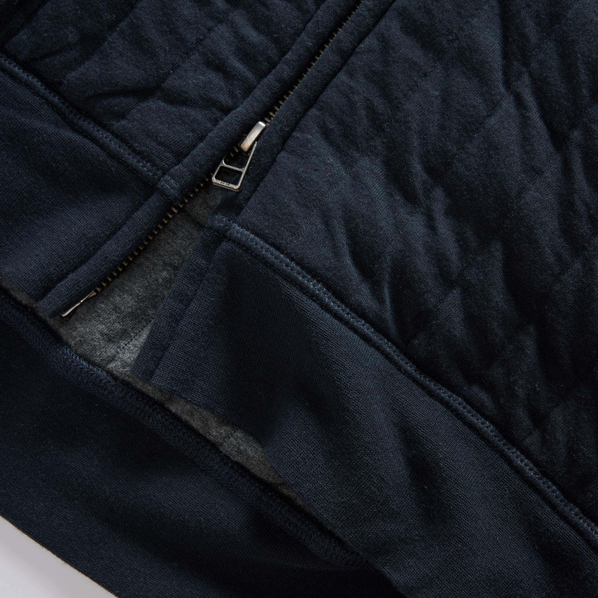 material shot of the zipper on The Apres Zip Hoodie in Heather Midnight Quilt, Knits by Taylor Stitch