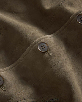 material shot of the buttons on The Bomber Jacket in Army Suede, Outerwear by Taylor Stitch