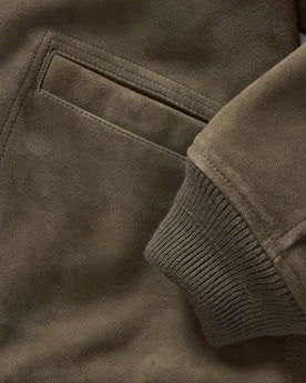 material shot o the sleeve on The Bomber Jacket in Army Suede, Outerwear by Taylor Stitch