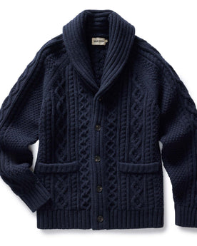 flatlay of The Cascade Shawl Cardigan in Heather Marine, Knits by Taylor Stitch