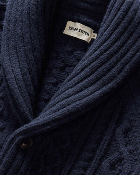material shot of the collar on The Cascade Shawl Cardigan in Heather Marine, Knits by Taylor Stitch