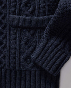 material shot of the sleeves on The Cascade Shawl Cardigan in Heather Marine, Knits by Taylor Stitch