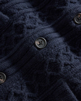 material shot of the buttons on The Cascade Shawl Cardigan in Heather Marine, Knits by Taylor Stitch