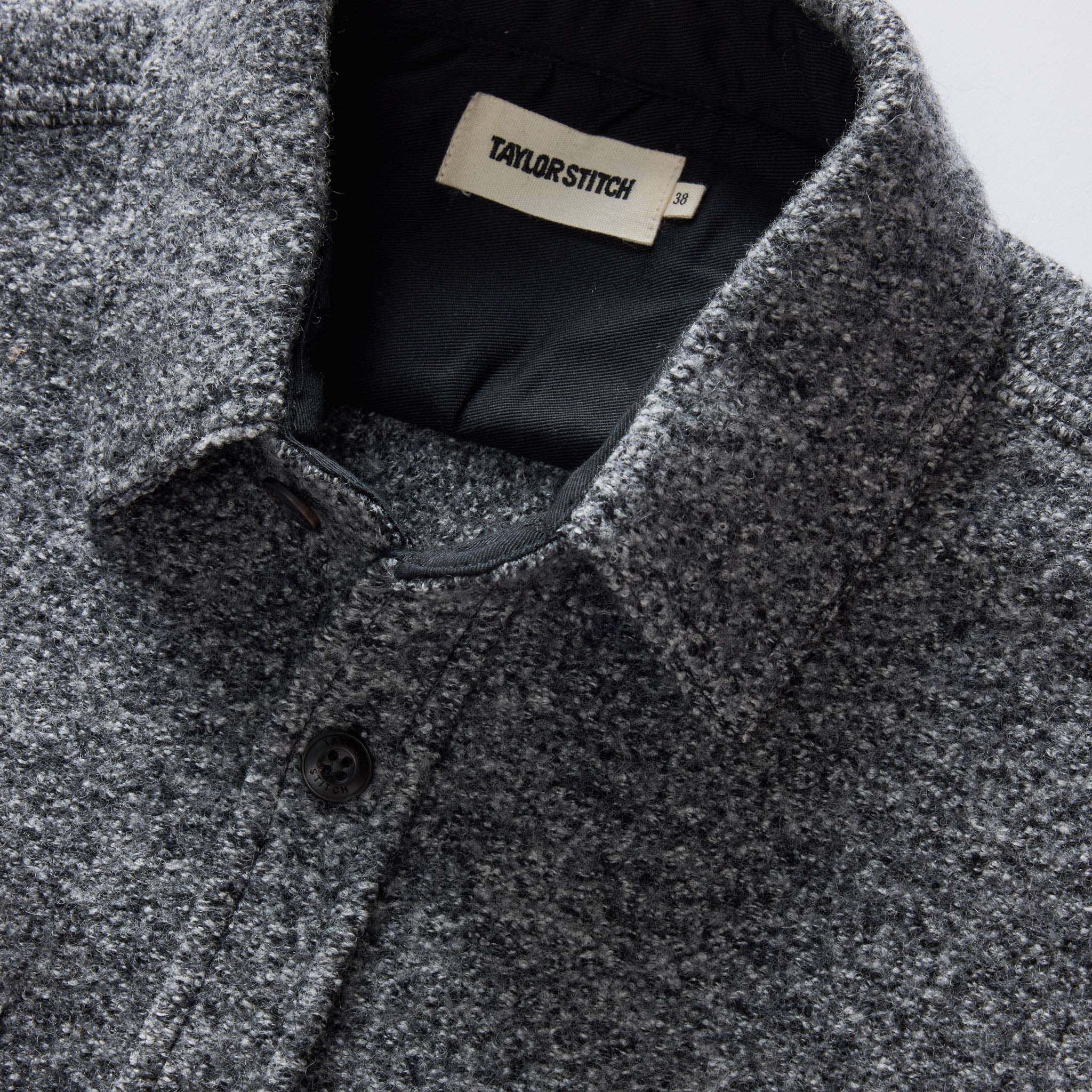 material shot of the collar on The Connor Overshirt in Heather Ash Boucle, Wovens by Taylor Stitch