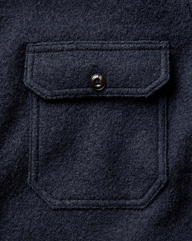 material shot of the collar on The Connor Overshirt in Dark Navy Boucle, Wovens by Taylor Stitch