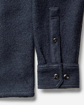 material shot of the buttons on The Connor Overshirt in Dark Navy Boucle, Wovens by Taylor Stitch