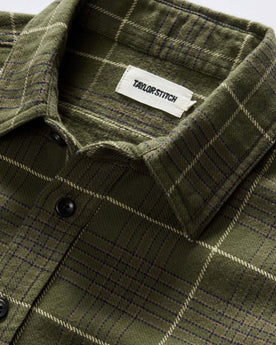 material shot of the collar on The Ledge Shirt in Olive Plaid, Wovens by Taylor Stitch