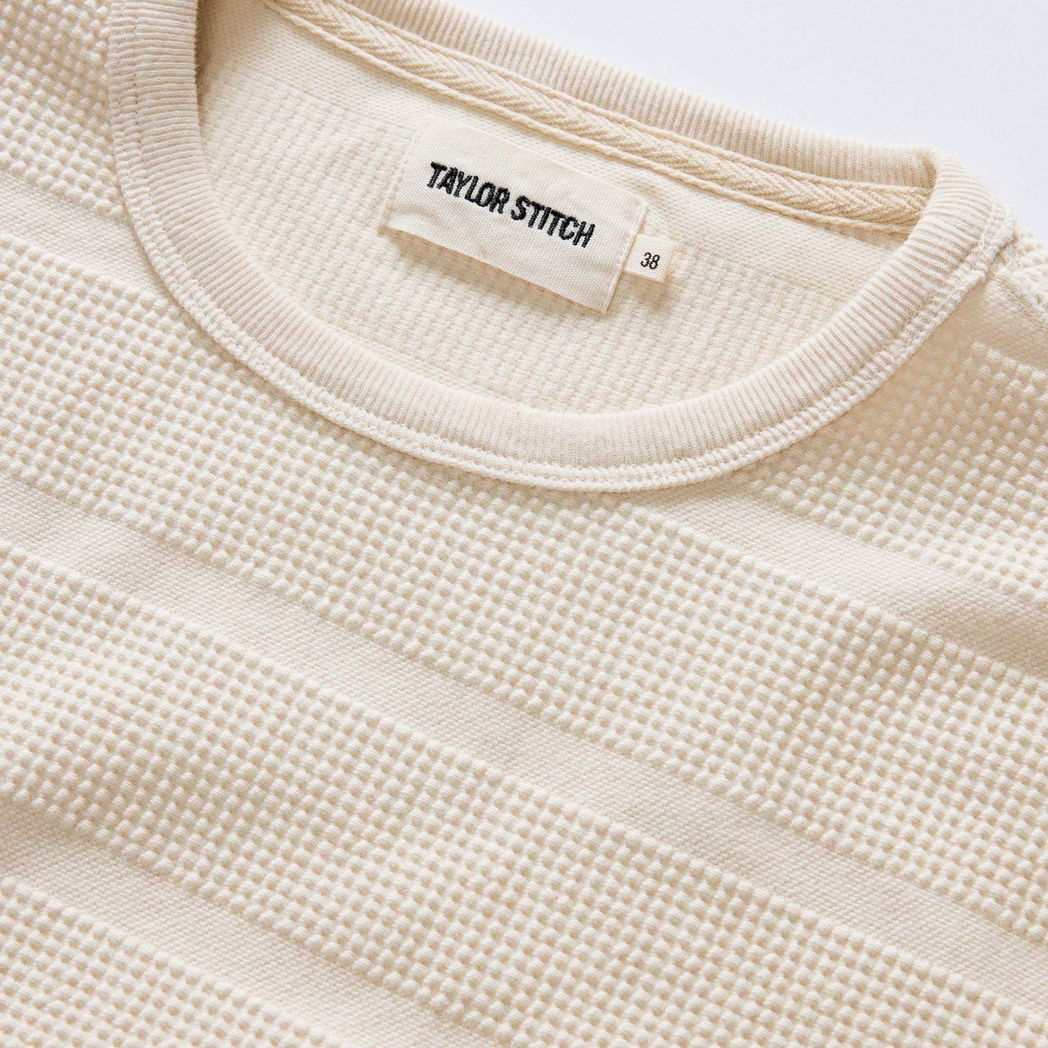 material shot of the collar on The Morgan Crewneck in Natural Slub Stripe, Knits by Taylor Stitch