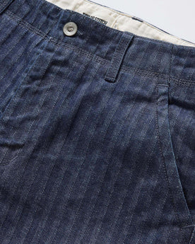material shot of the waistband on The Morse Pant in Rinsed Indigo Herringbone, Bottoms by Taylor Stitch