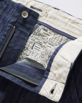 material shot of the inside lining on The Morse Pant in Rinsed Indigo Herringbone, Bottoms by Taylor Stitch
